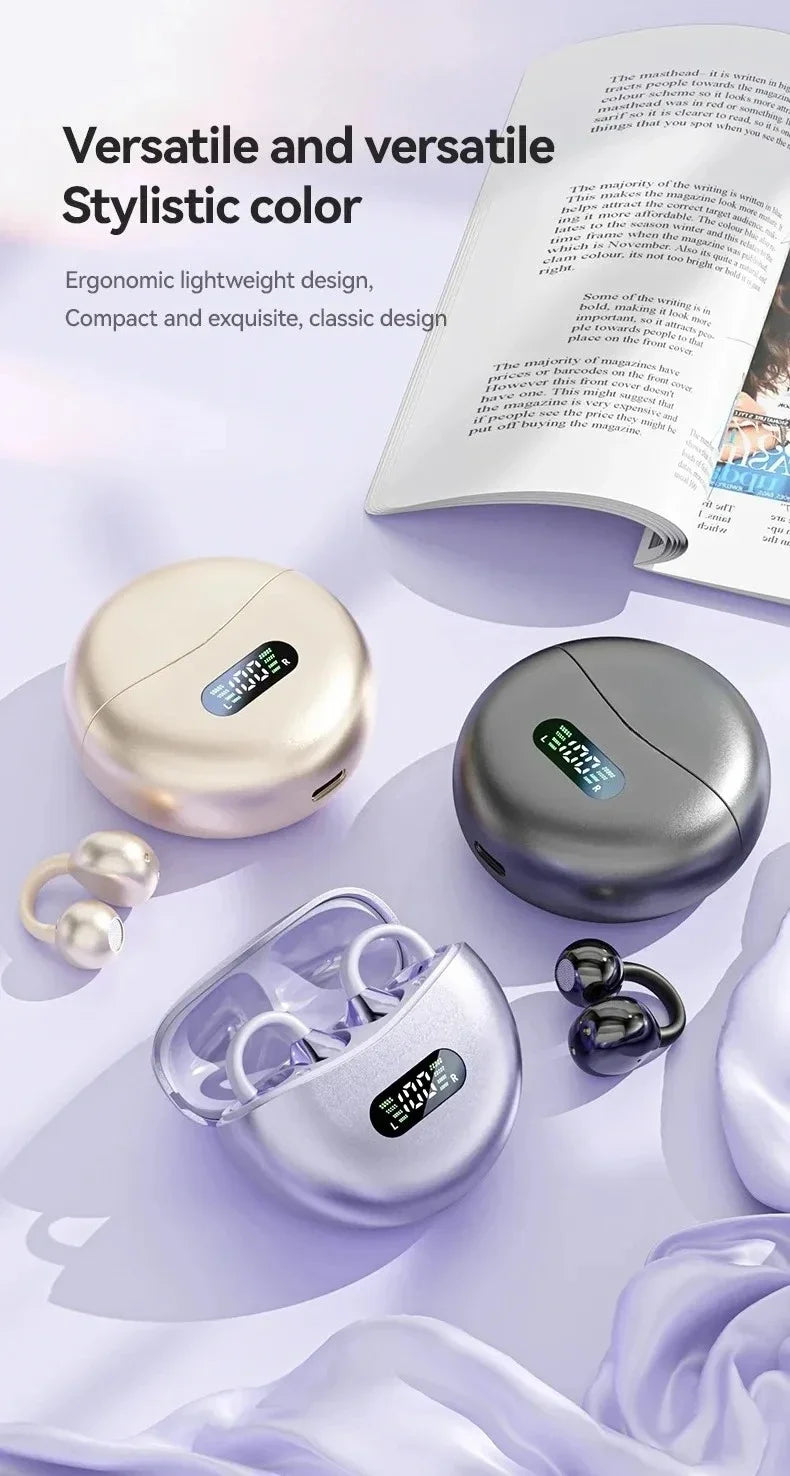 Digital Display Ear Clip Headphones Wireless Bone Conduction Bluetooth 5.4 Earbuds Comfortable Waterproof Sport Headsets