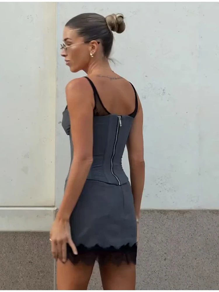 Women's Solid Boned Waist-Cinching Spaghetti Strap Mini Dress Lace Spliced V-Neck Lace Hem Dress 2026 Summer Lounge Date Gown