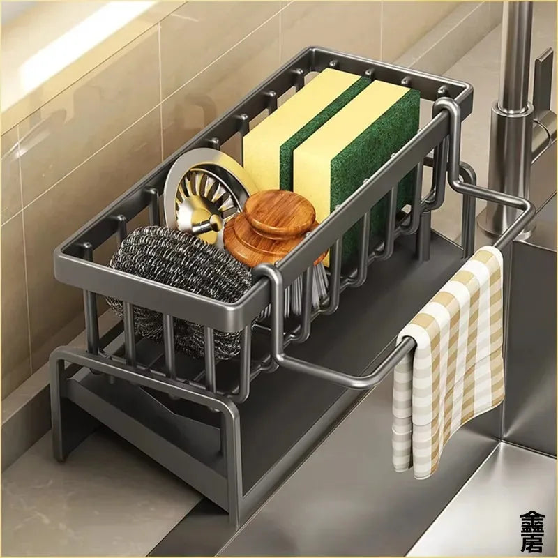 Stainless Steel Kitchen Sink Organizer | Sponge & Soap Storage | Faucet Holder & Towel Rack | Drain Rack with Shelf | Kitchen Ac