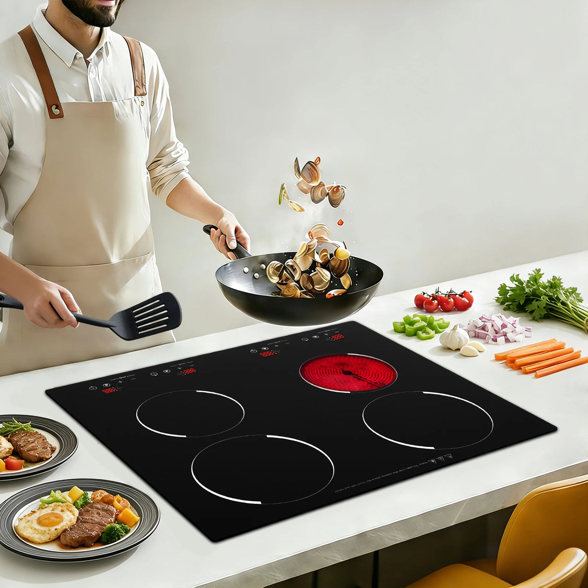 3000W Electric Ceramic Cooktop 4 Burners 110V, Infrared Radiant Stove with 9 Power Levels, Built-in Countertop Kitchen Cooker
