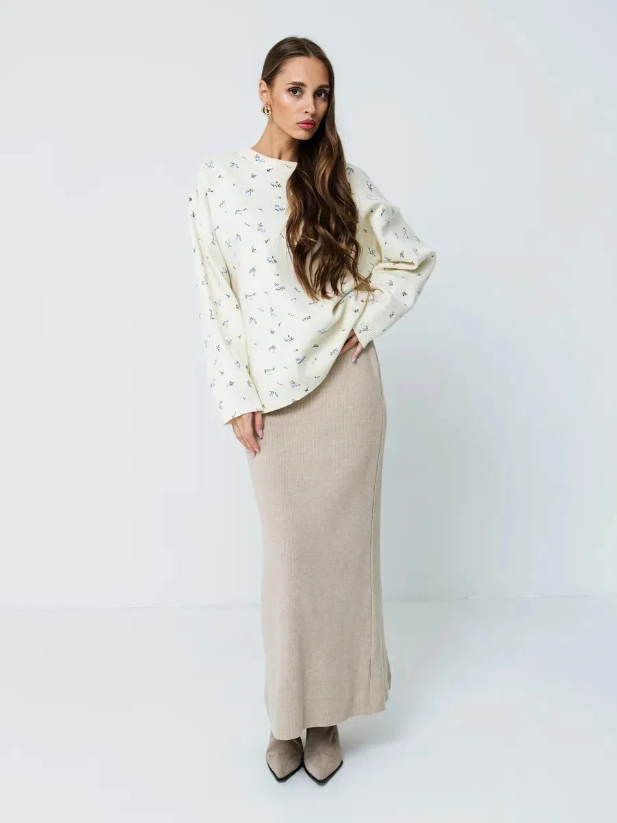 Women's Cream White Floral Print Longline Knit Sweater Crew Neck Relaxed Fit Cardigan with Flowers Fall Winter Boho Chic