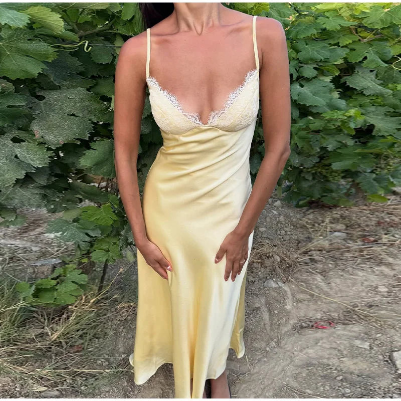 Backless Satin Long Sling Dress Women V Neck Sleeveless Slit Solid Sexy Party Dresses 2026 Summer Lady Vacation Evening Robes