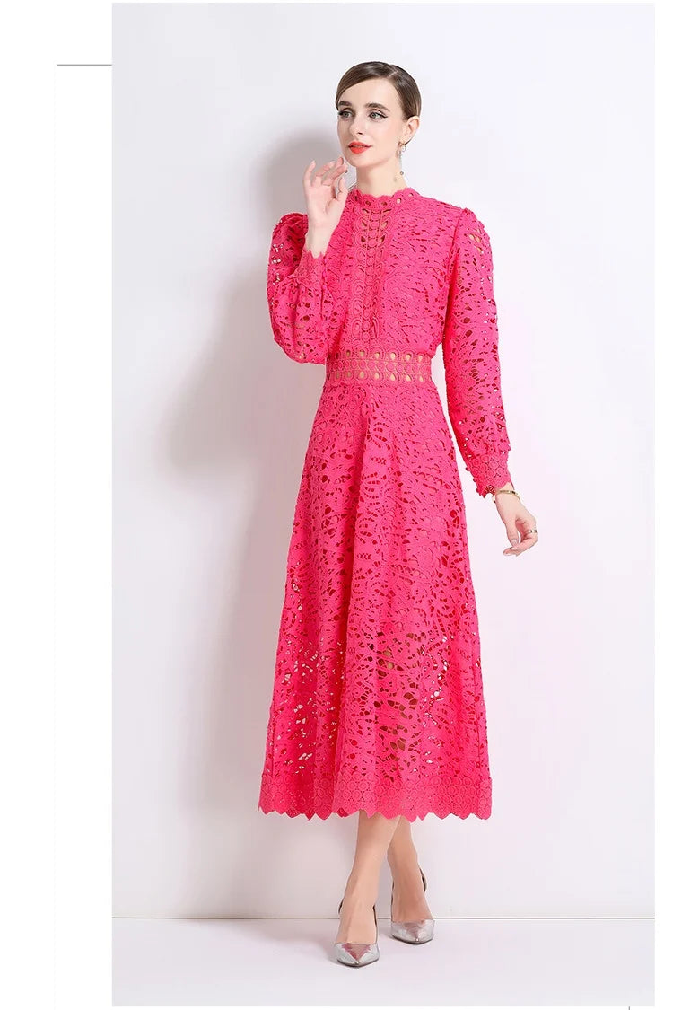 Solid Lace Holloe Out Slimming Elegant Dresses For Women Stand Collar Long Sleeve High Waist Minimalist Dress Female Fashion