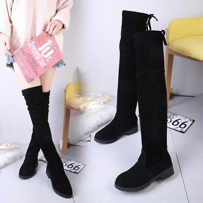 Faux Suede Female Heels Autumn Winter Elastic Knee-high Boots for Women Tube Lace-up Thigh Boots Black Botas