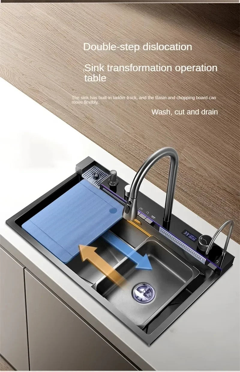 304 Stainless Steel Kitchen Sinks Large Single Bowl Nano Embossed Wash Basin Digital Display Modern Home Station