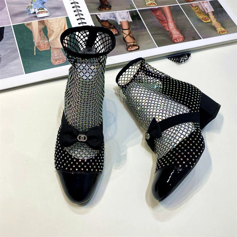Spring Summer 2023new Rhinestone Bowkno Sexy Mesh Boots High Heels Small Fragrance Style Sandals Europe America Big Size 45 46