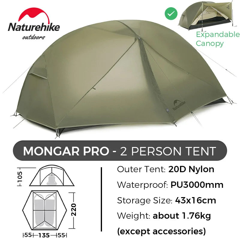 Naturehike Tent Mongar BASE/PRO/UL 1 2 3 Person Tent Ultralight Outdoor Camping Tent Waterproof Hiking Backpacking Tent Awning