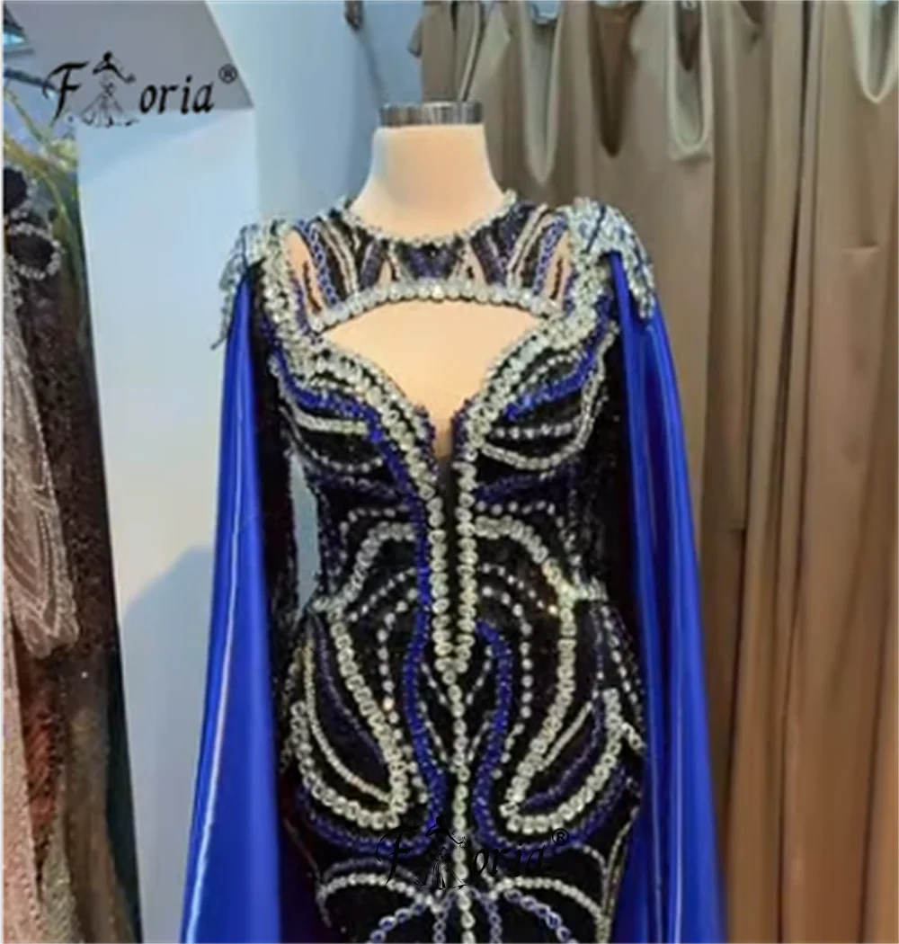 Royal Blue Crystal Mermaid Evening Dresses with Long Cape Stunning Stone Banquet Wedding Prom Dress Robe De Soiree Customized