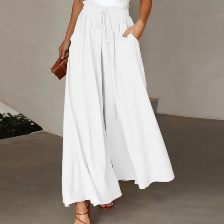 Women Casual Elastic Waist Wide Leg Pants Summer Elegant Drawstring Loose Straight Trouser Elegant Solid Pants Vacation Beach