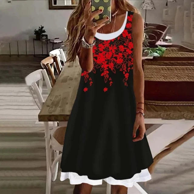 Woman Clothes Dresses Printed Sleeveless Knee-high U-neck Casual Soft and Comfortable Loose Floral Fake Two Pieces Female Dress