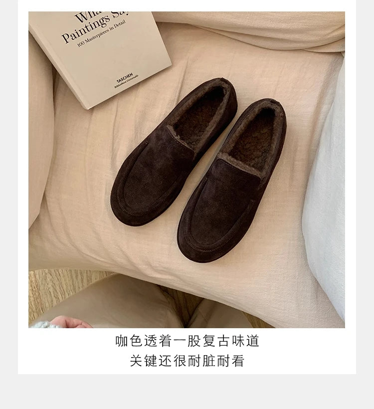 New Suede Leather Loafers Woman Round Toe Slip-on Casual Flat Shoes Wool Warm Winter Shoes Outdoors Walk Shoes Women
