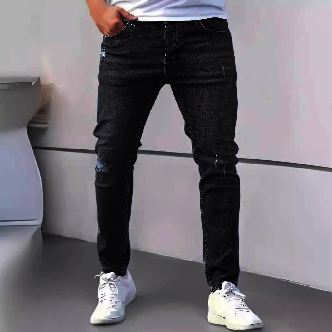 2026 Spring Men's Distressed Skinny Jeans Vintage Wash Elastic Biker Holes Casual Slim Fit Streetwear Denim Pencil Pants Joggers