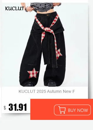 KUCLUT 2025 Autumn Winter Fashion Niche Design Print Contrast Color Loose Jeans For Women Straight Wide-leg Denim Pant 1A1517