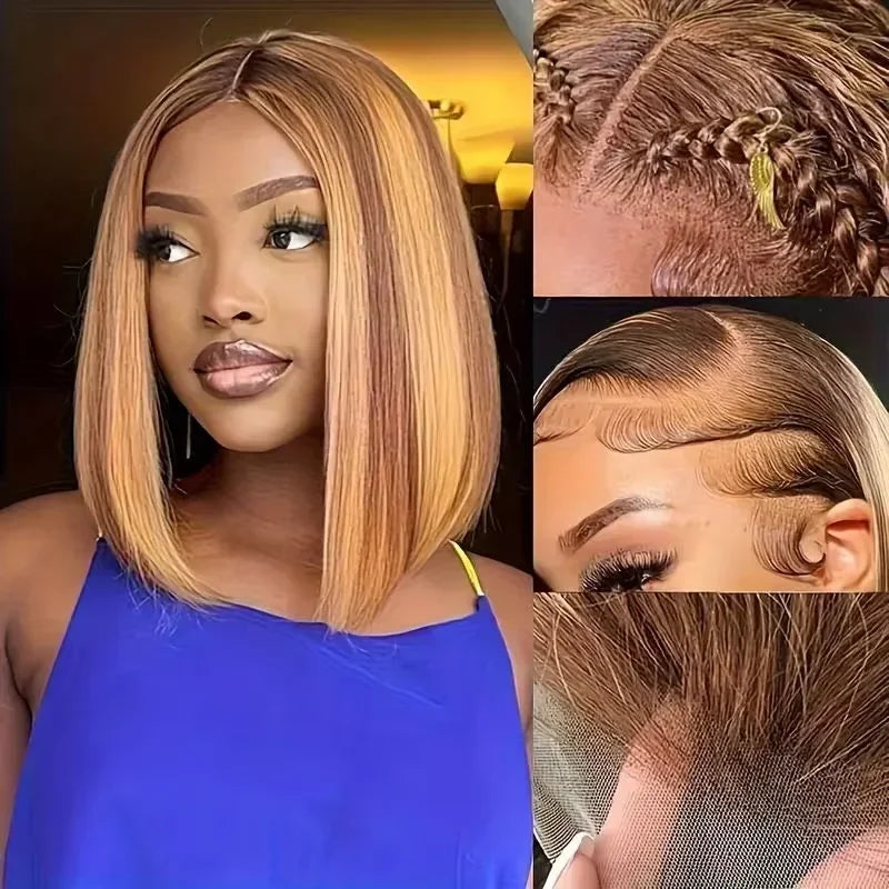 200% Density Short Bob Wigs Highlight Straight Lace Front Wigs Blonde 13x4 Transparent Lace Front Wig 100% Human Hair 427#16Inch