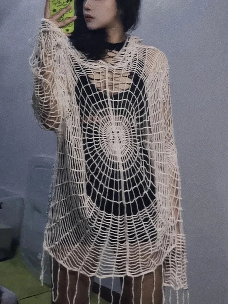JOEVILU Hollow Knit Hooded Tops Women's Goth Spider Web Sweaters Female Korean Fashion Fishing Net Blouses Babes Mesh Pullovers