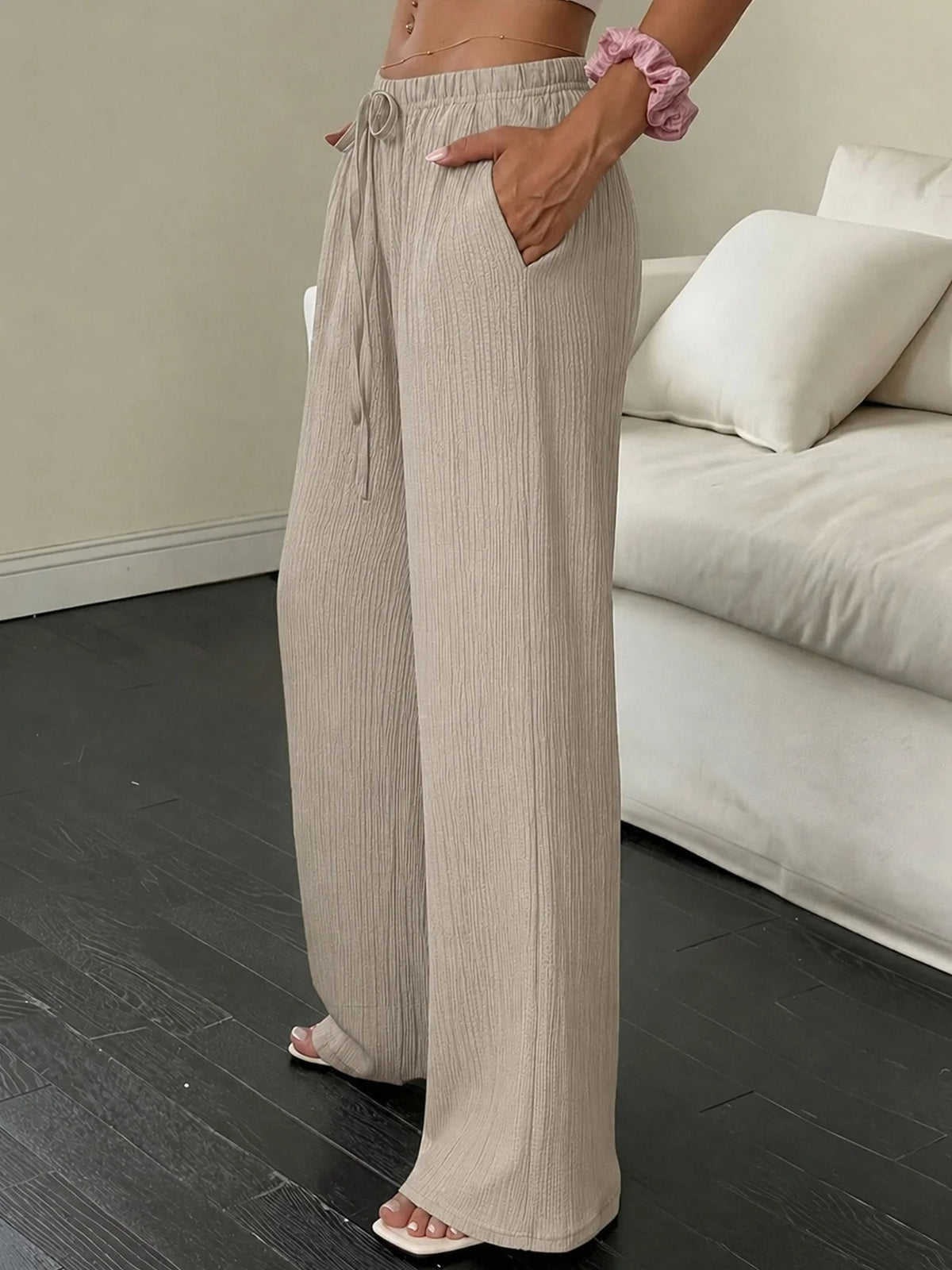 Women Crinkle Textured Wide Leg Pants Elastic Waist Loose Casual Lounge Trousers Soft Yoga Beach Vacation Flowy Pants