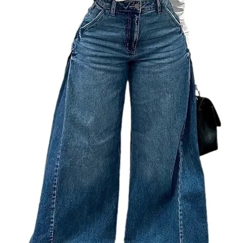 QICHE European American Women Y2K Blue Washed Patchwork Flare Jeans Loose Tassel Floor-Length Wide Leg Denim Pants