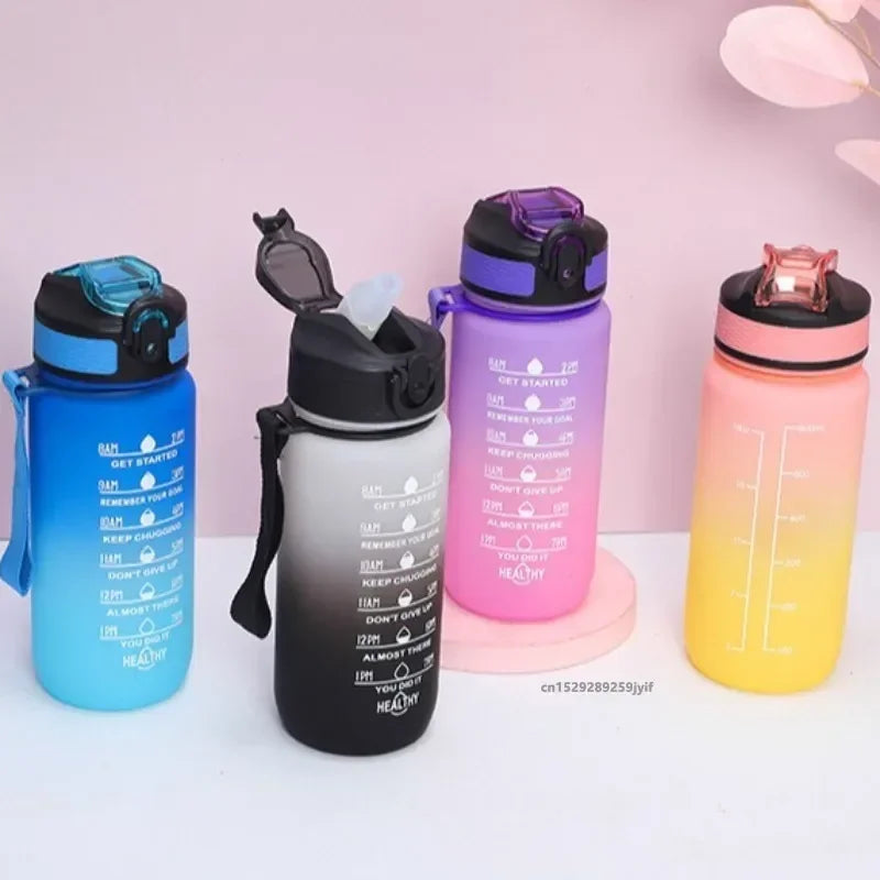 Motivational Water Bottle 600ml Leakproof Sports Water Bottle with Time Marker Straw Frosted Gradient Portable Cup
