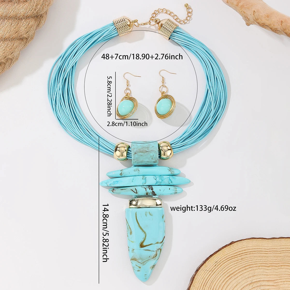 Western Jewelry Set Fashion Irregular Imitation Turquoise Wax Rope Statement Necklace And Earrings Women's Party Accessories