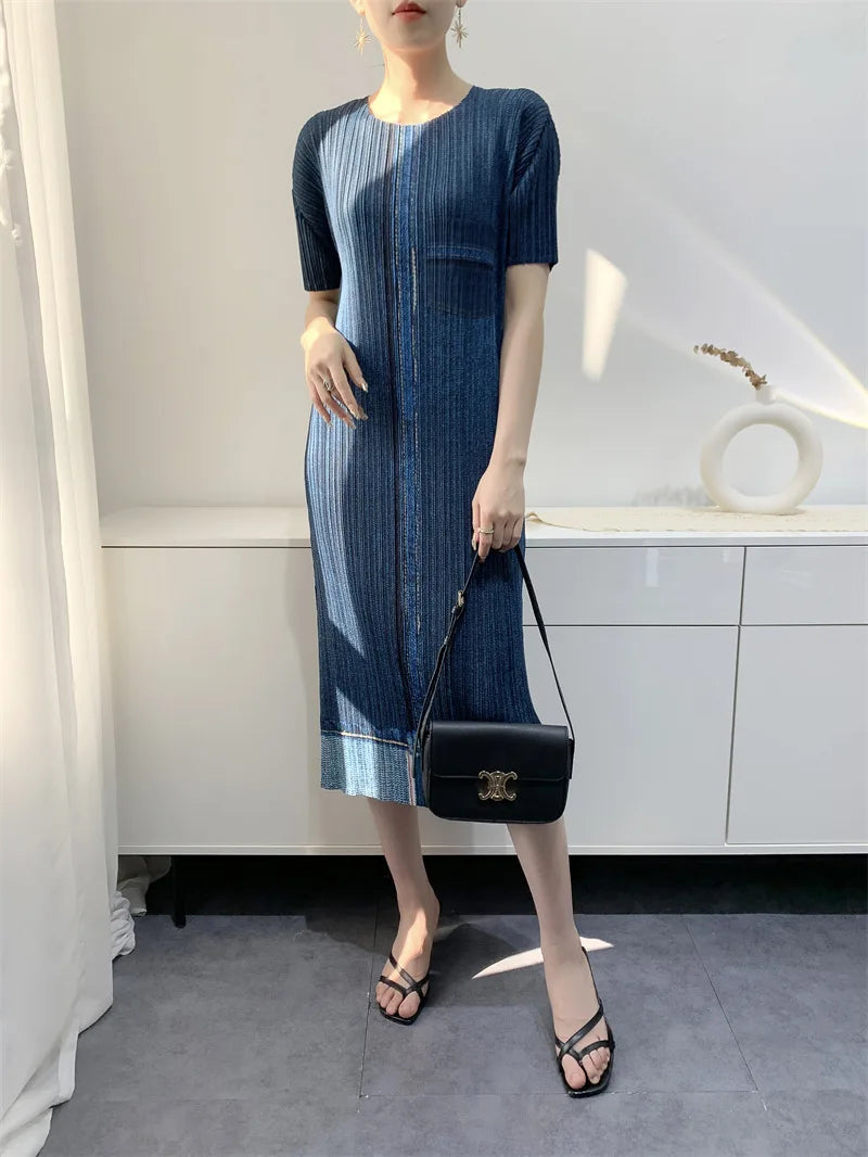 Miyake Pleated Imitation Denim Dress 2025 Summer New Mid-length Slim and Thin Short-sleeved Pleated Skirt
