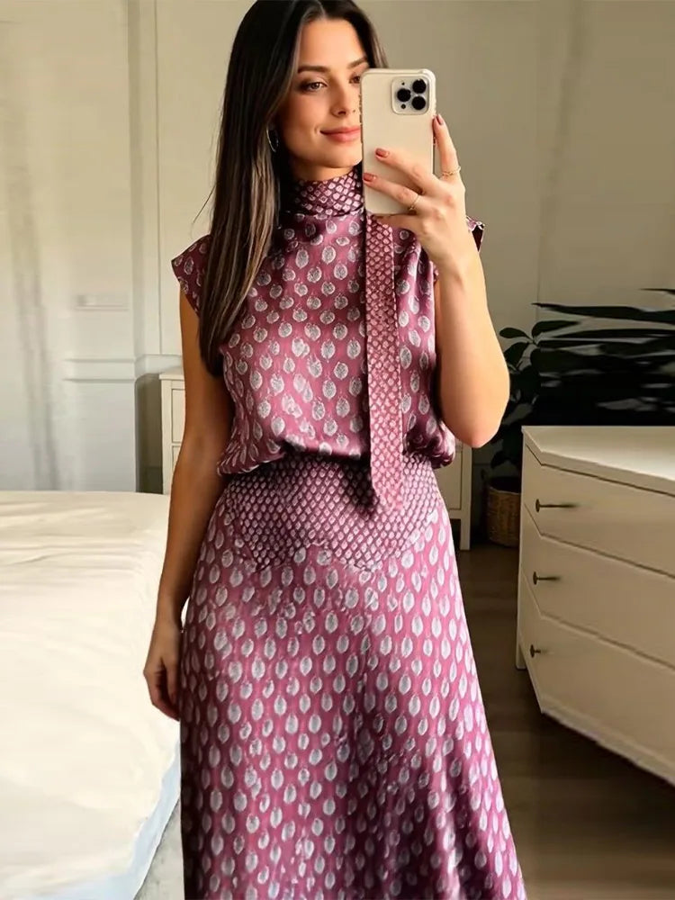 Elegant Printed Women's Vest Skirts Suit Sleeveless Top A-Line Long Skirts Lady Set 2026 Summer Autumn 2 Pieces Set Women