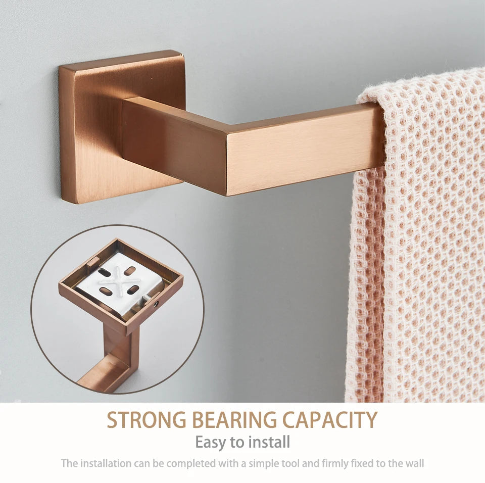 Rose Gold Bathroom Accessories Set Hardware Paper Holder Towel Bar Rack Rail Rod Robe Hook Hanger Wall Mount Brushed Rose Gold