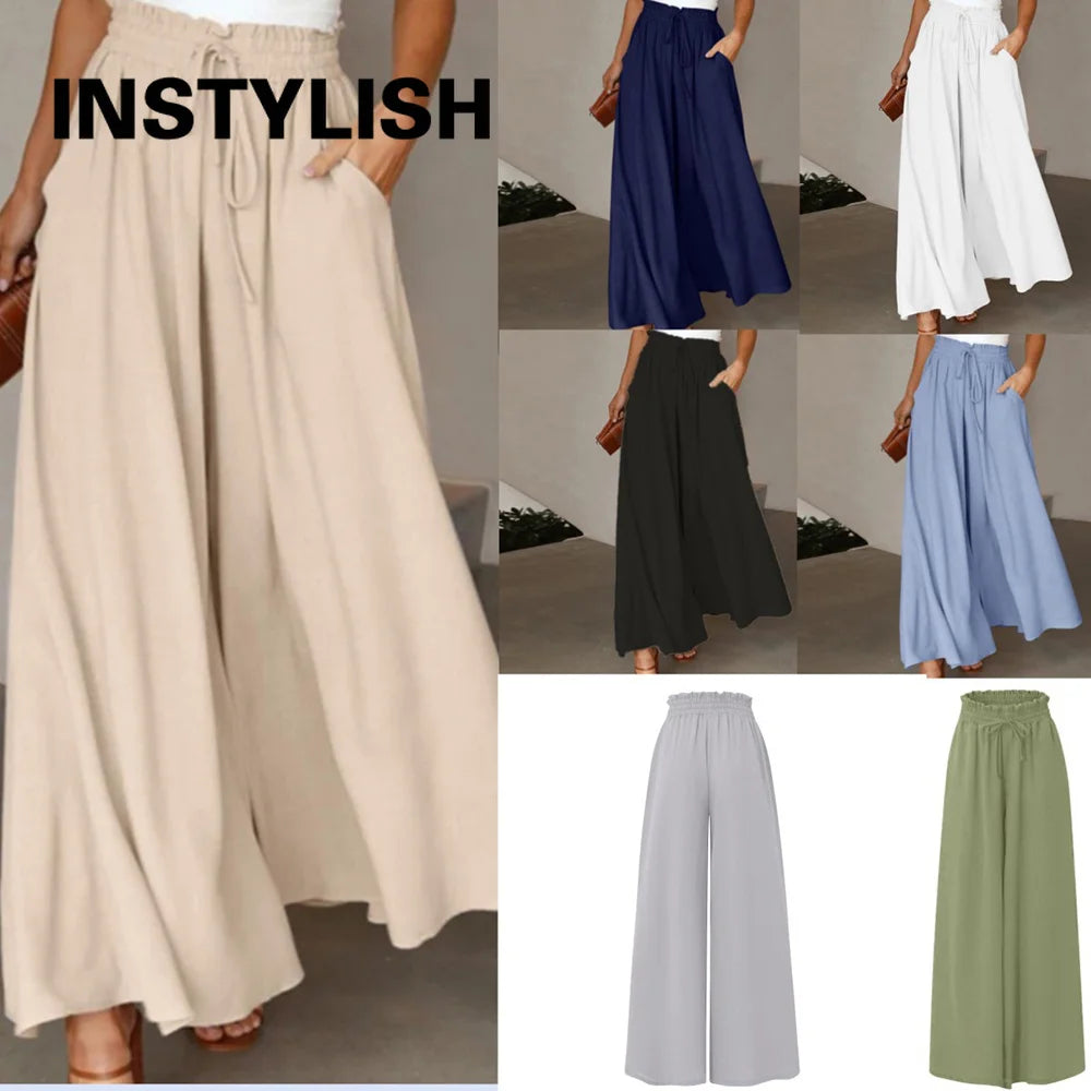 Women Casual Elastic Waist Wide Leg Pants Summer Elegant Drawstring Loose Straight Trouser Elegant Solid Pants Vacation Beach