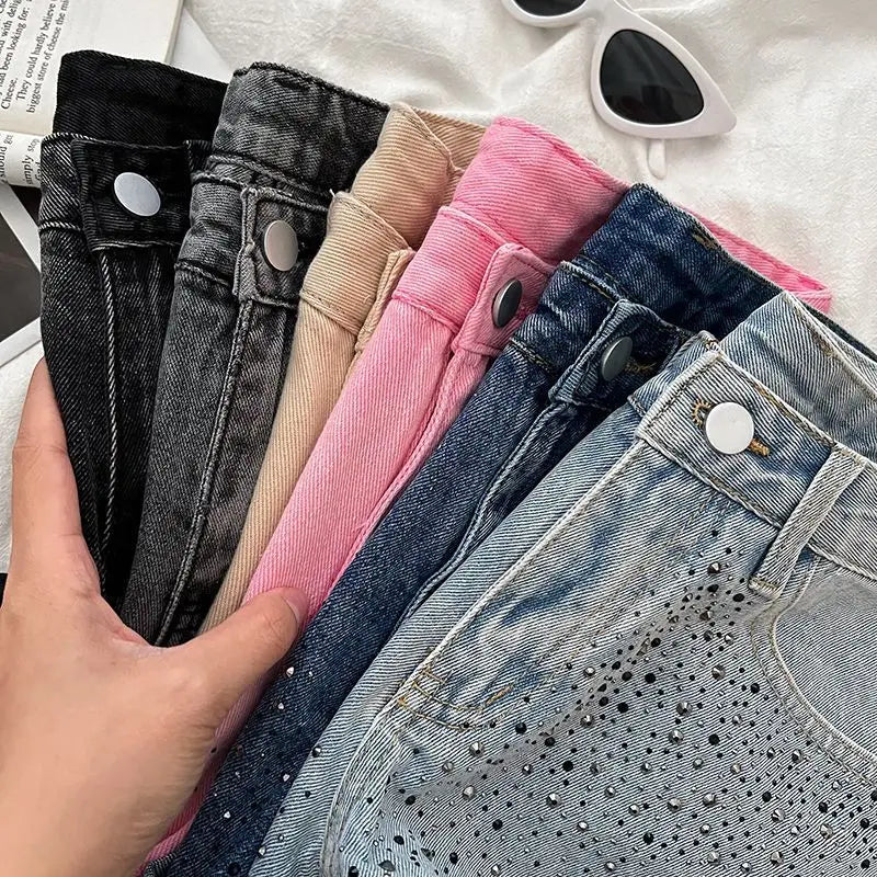 Retro Fashion Rhinestone Denim Shorts Women Pink Summer New A-Line Wide Leg Jeans Ultra Short For Hot Girls Bottoms