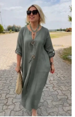 2025 Autumn Solid Maxi Dresses For Women Casual Loose Long Sleeve V Neck Button Streetwear Vacation Basic Dress Vestido Elegante