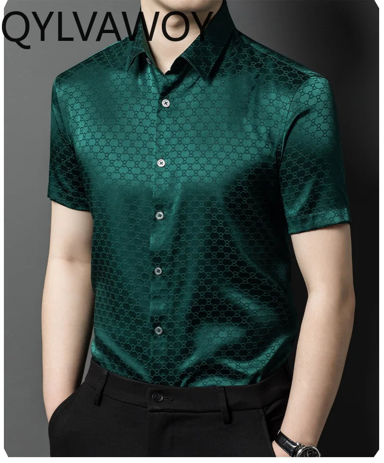 QYLVAWOY New Men's Shirts Summer Tops 92% Real Mulberry Silk Shirts Lapel Short Sleeve Stylish Clothes for Man Business Casual