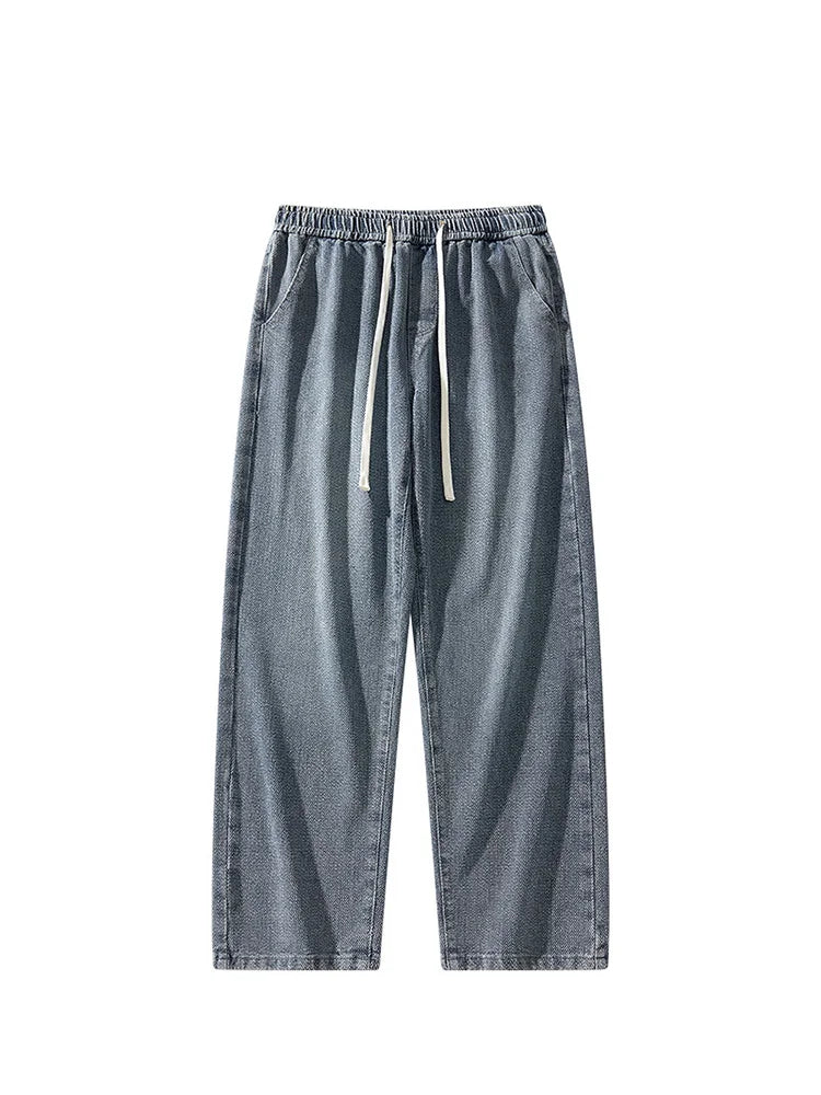 American Retro Dstring Jeans Loose Straight Casual Pants High Street Vibe Wide Leg Summer New Sle for Men Youth Faion