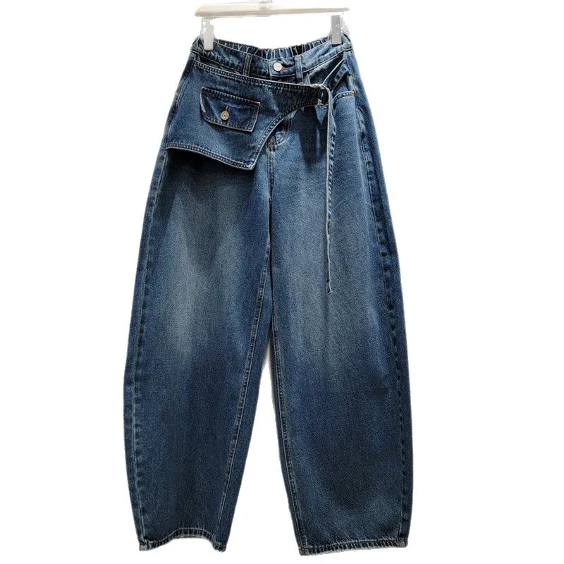 All-match New Spring Autumn Vintage Elastic Waist Women Bootcut Jeans Personality Splicing Fashionable Wide Leg Denim Trousers