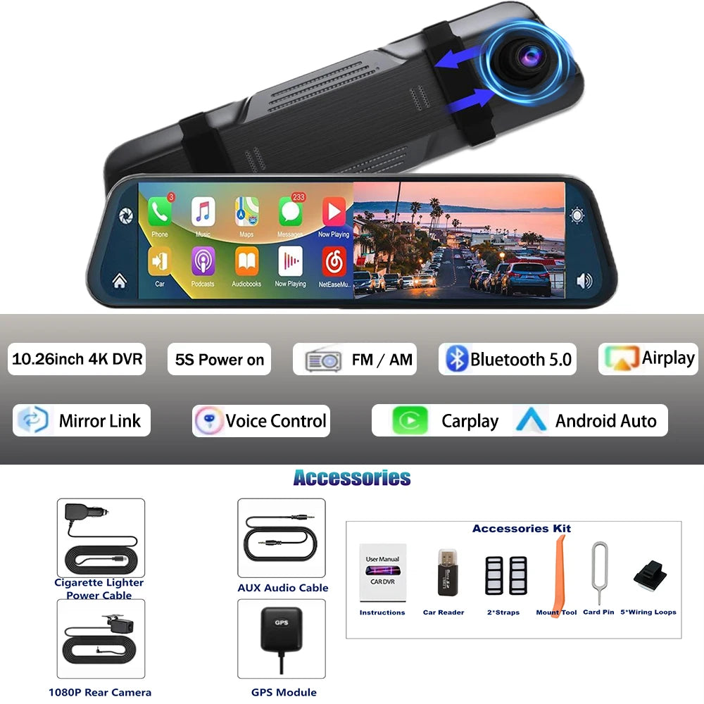 Aprilboy 10'' 4K Mirror Dash Cam Dual Camera with Wireless Carplay Android Auto Parking Assistance Loop Recording Navigation
