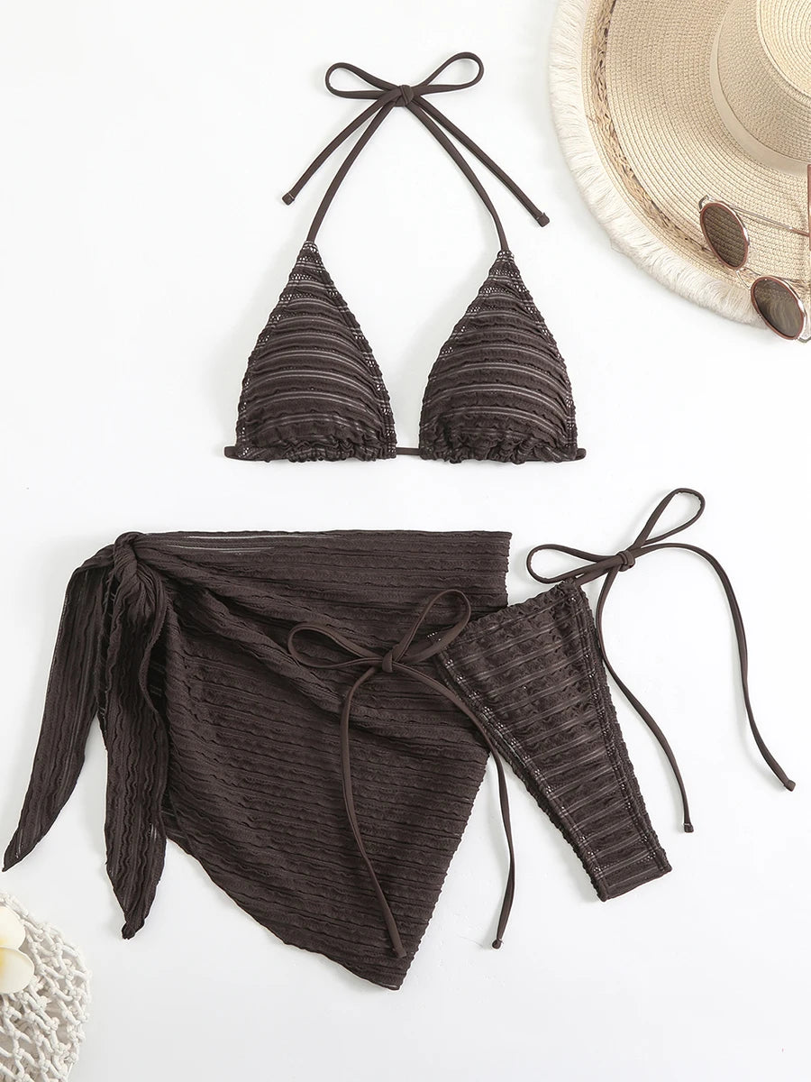Sexy 3 Pieces Bikini Women Swimsuit 2025 Summer Halter Triangle Swimwear Bottom Bikinis Sets Beach Cover Up Female Bathing Suits