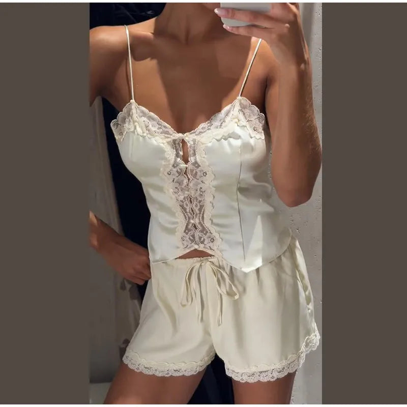 Women Elegant Lace Long Pant Set Square Neck Sheer Ruffle Hem Crop Cami Top High Waist Wide Leg Trousers 2026 Summer Chic Suit