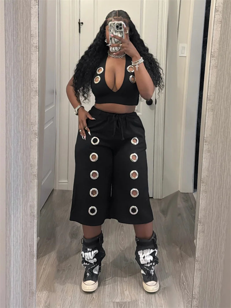Streetwear 2 Piece Sets for Woman Club Outfits Party Hollow Out Halter V-neck Vest Crop Top and Calf-length Pants Matching Sets