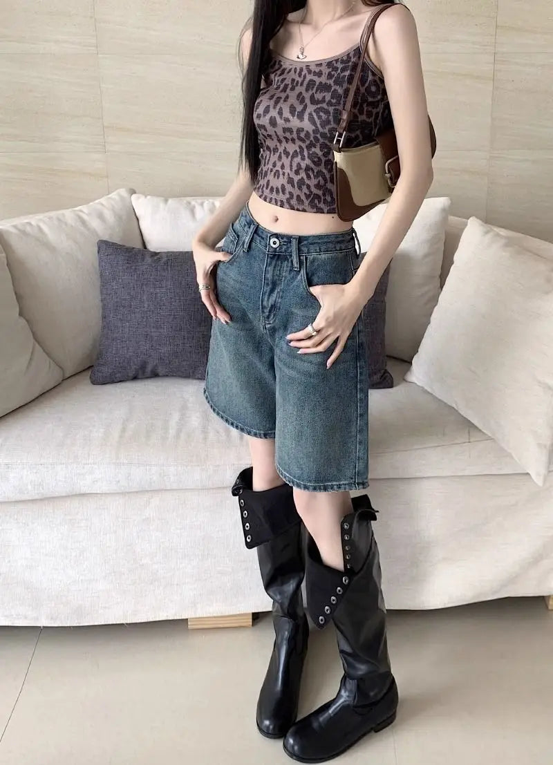 Denim Shorts Vintage High Waist Loose Fit Distressed Design Ins Style Sweet Spicy Girls All-match Casual Summer Streetwear Y2k