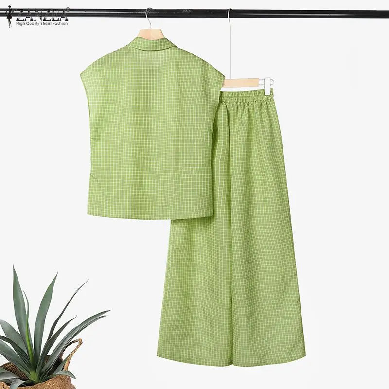 2026 ZANZEA Summer 2 Pieces Sets Elegant Lapel Neck Sleeveless Shirt Pant Sets Plaid Tracksuit Stylish Women OL Work Outfits