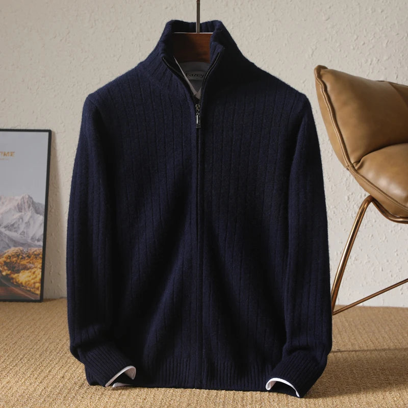 Men's Coat Winter Thickened New 100% Merino Wool Sweater Business Casual Zipper Lapel Cardigan Long Sleeved Warm Knit Jacket