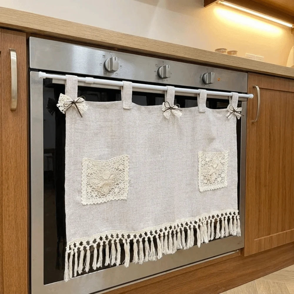 Vintage Oven Cover Curtain with Pocket Detachable Kitchen Stove Cover Skirt with Tassels Rustic Boho Curtain Panel Oven Door