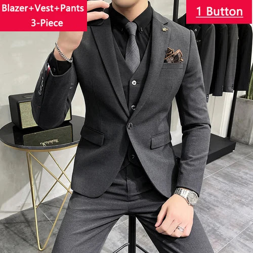 Blazer Vest Pants Men's Navy Blue Suit Set Slim Fit Blazer Vest Pants Formal Outfit for Business Wedding Office Groom Party