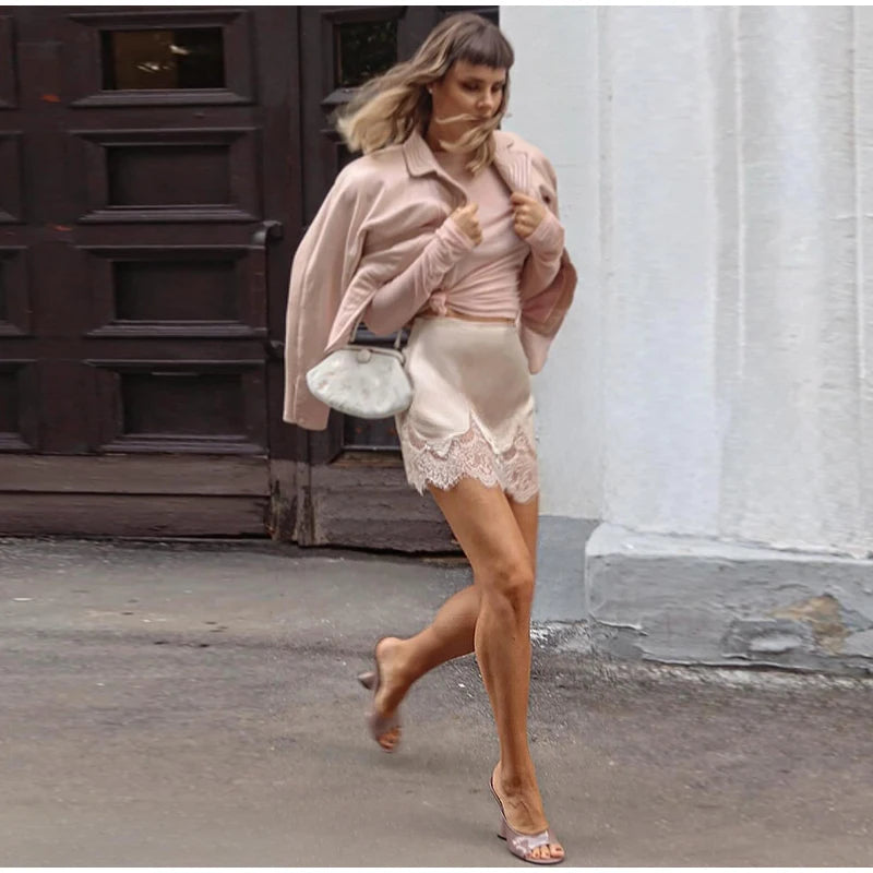 Elegant Women's Lace Satin Spliced Mini Skirt High Waist Short A-line Skirts Female 2025 Summer Autumn Lady Streetwear