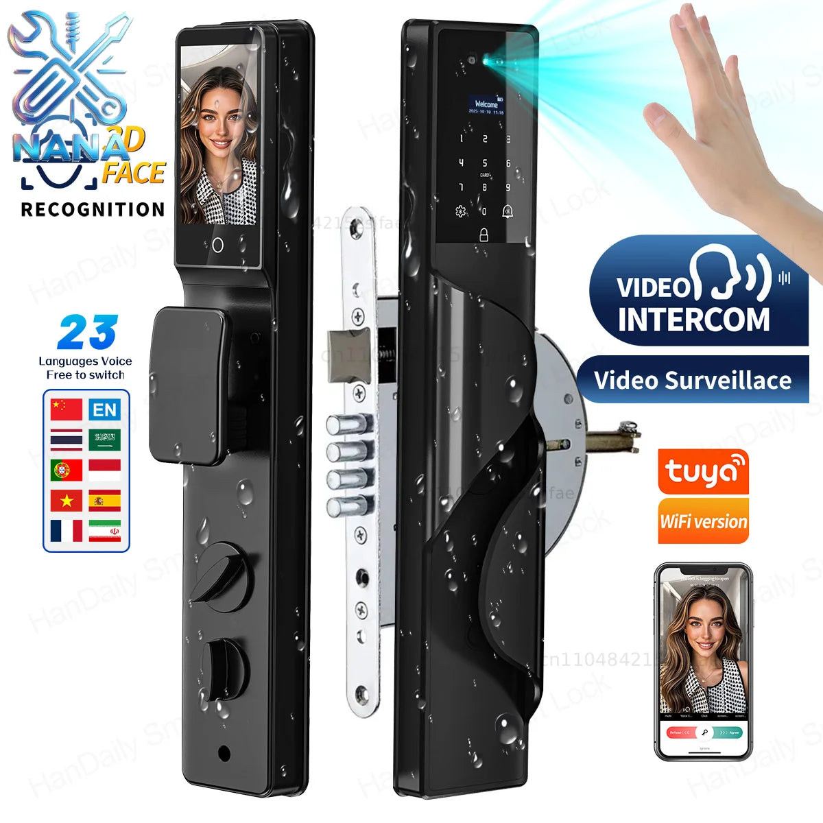 Tuya App Security Lock, Waterproof Smart Door Locks with 3D Face & Palm Recognition Camera Video, Smart Lock Suitable for Israel