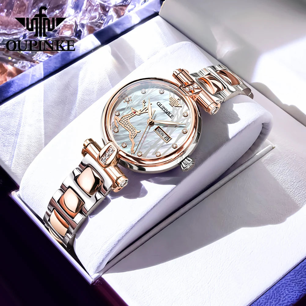 OUPINKE 3180 Women Mechanical Watch Rose Gold Luxury Elegant Diamond Watch Brand Original Dress Bracelet Women Watch Gift Box