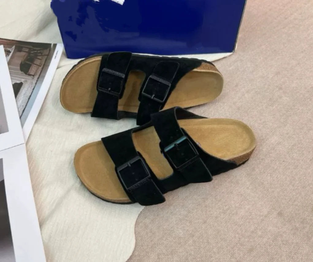 Suede Clogs for Men Women Cork Footbed Closed Toe Slides Comfort Arch Support Casual Walking Mules