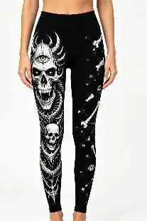 Women Mid‑Rise Fleece Lined Leggings, Demon Horn Skull Third Eye Dark Thorn Gothic Print Slim Stretch Halloween Pants