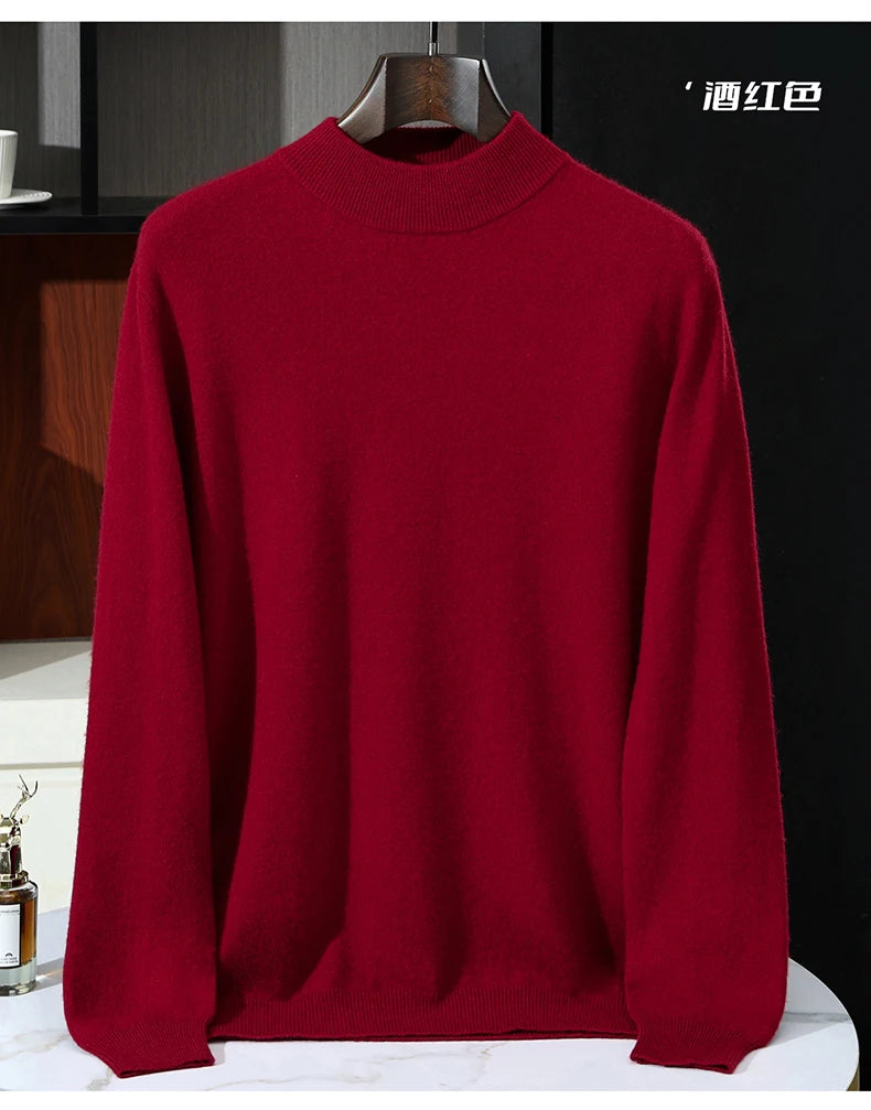 Autumn/Winter Men's 100% Pure Cashmere Pullover Business Casual Solid Knitted Sweater Loose Half High Neck Tops Thick Jumper
