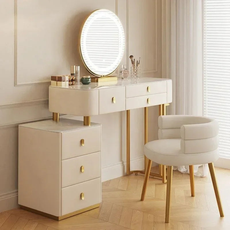 #Modern White Makeup Vanities Table Set With Smart Mirror Slate Top Modern Dressing Desk Wooden Bedroom Furniture