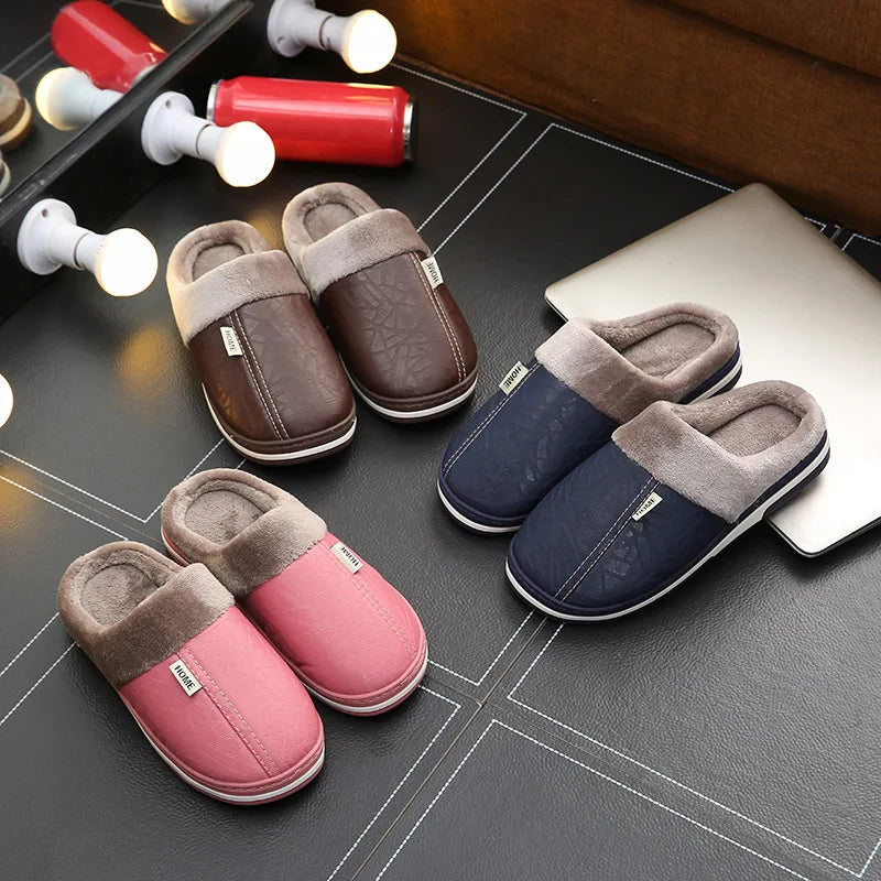 Big Size 50-51 Men Slippers Winter PU Leather Warm Indoor Waterproof Home Furry Flats Couples Slides Bedroom Non Slip Shoes