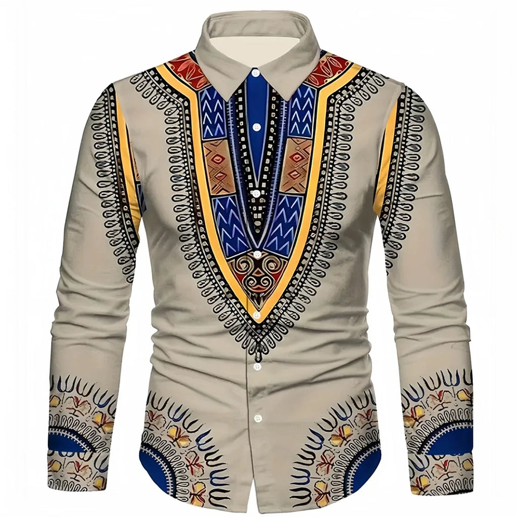 Fashion New Ethnic Style 3D Printed Men's Long Sleeve Shirt Spring And Autumn Casual Breathable Lapel Button Shirt Daily Clothes